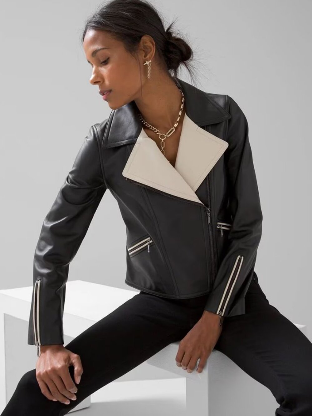 WHBM $500 GENUINE Leather Moto Jacket Beige Black Soft M